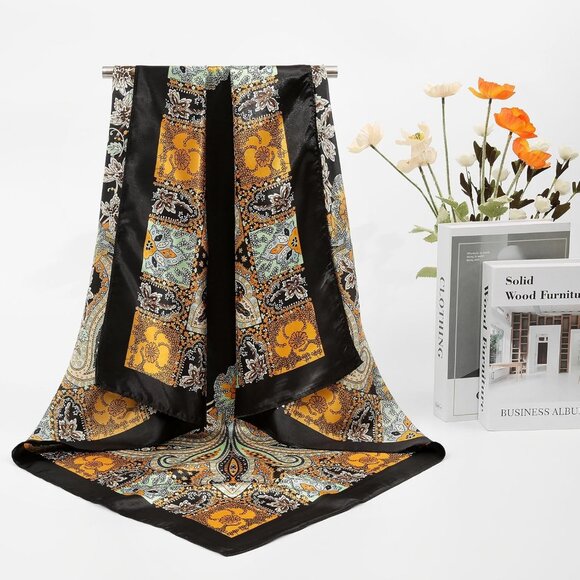 35 Inch Silk Head Scarf 2 Pcs Cashew(yellow+green) - Picture 4 of 7